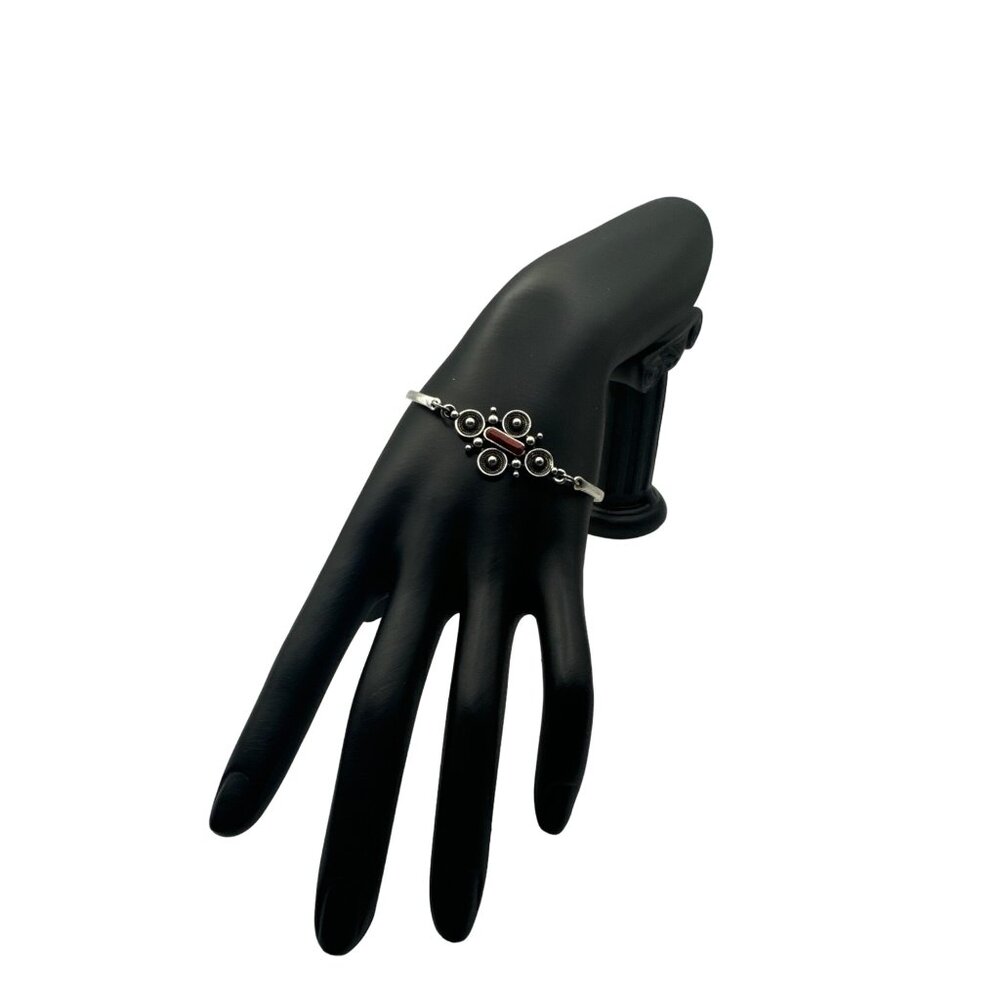 Silver Bangle Bracelet With Intricate Ornamental Design & Adjustable Chain